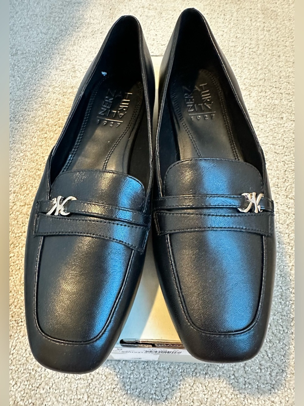 Naturalizer Create Black Leather Slip-On Loafers with Silver Logo Accent